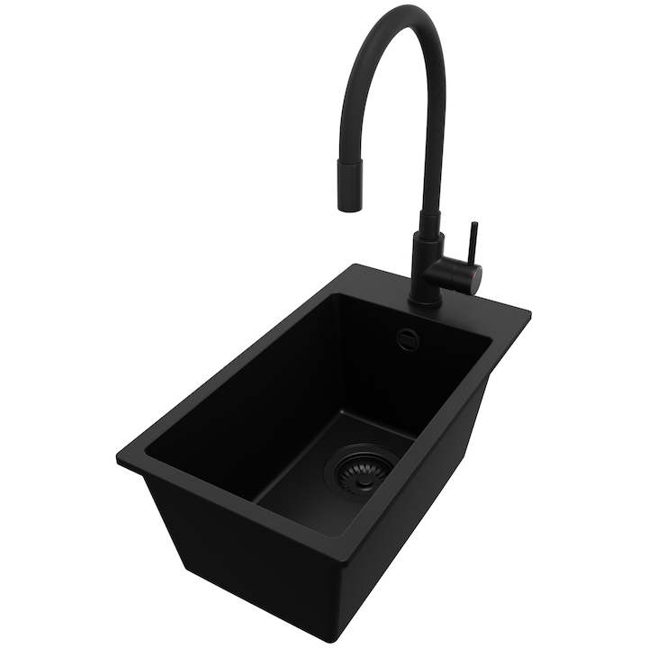 Chiuveta de bucatarie din granit 28x50cm, Chiuveta 1 Cuva + Sifon + Baterie 5170, Pentru dulap de 30cm, Riga Primagran Complet Negru