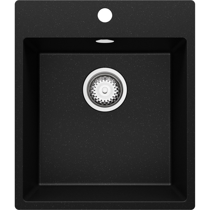 Chiuveta de bucatarie din granit 43x50cm, Chiuveta 1 Cuva + Sifon, Pentru dulap de 45cm, Riga Primagran Negru Metalizat