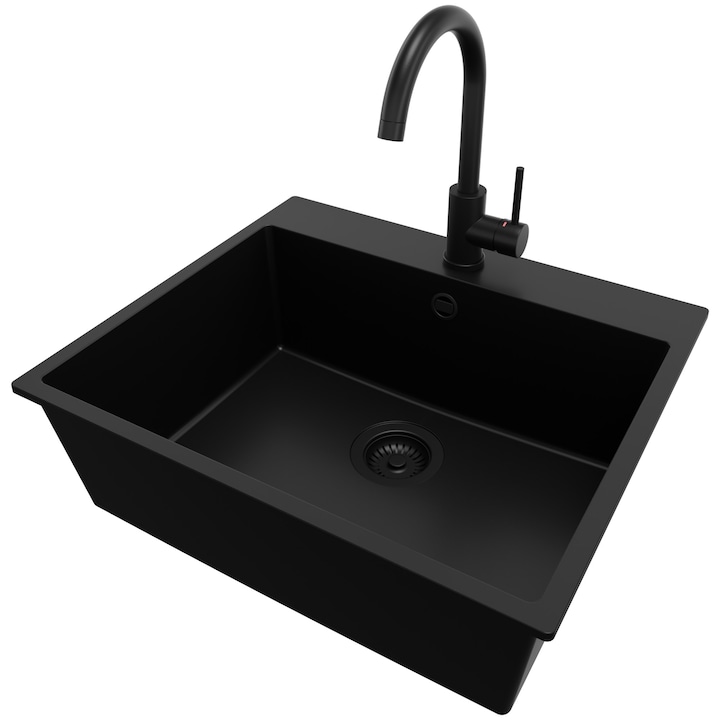 Chiuveta de bucatarie din granit 58x50cm, Chiuveta 1 Cuva + Sifon + Baterie 5010, Pentru dulap de 60cm, Riga Primagran Complet Negru