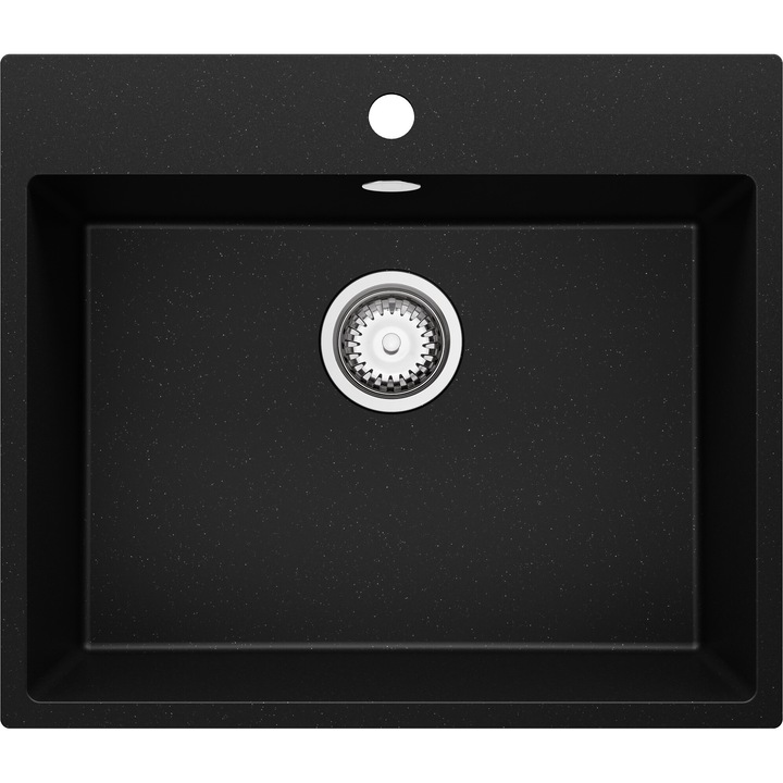 Chiuveta de bucatarie din granit 58x50cm, Chiuveta 1 Cuva + Sifon, Pentru dulap de 60cm, Riga Primagran Negru Metalizat