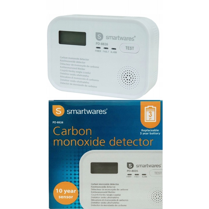 Detector de carbon CARDSPLITTER, senzor avansat, alarm sonor 85dB, alimentare baterii