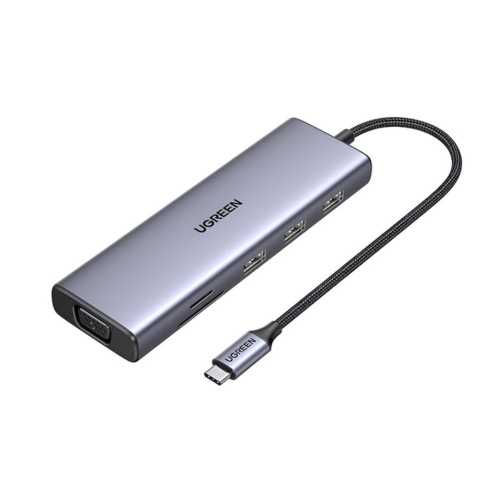 Conector Hub de la USB-C la Type-C, 3x USB, HDMI, RJ45, VGA, TF, SD Card, L32, Alumix, Ugreen 15600, L32, Alumix, Metal Gray