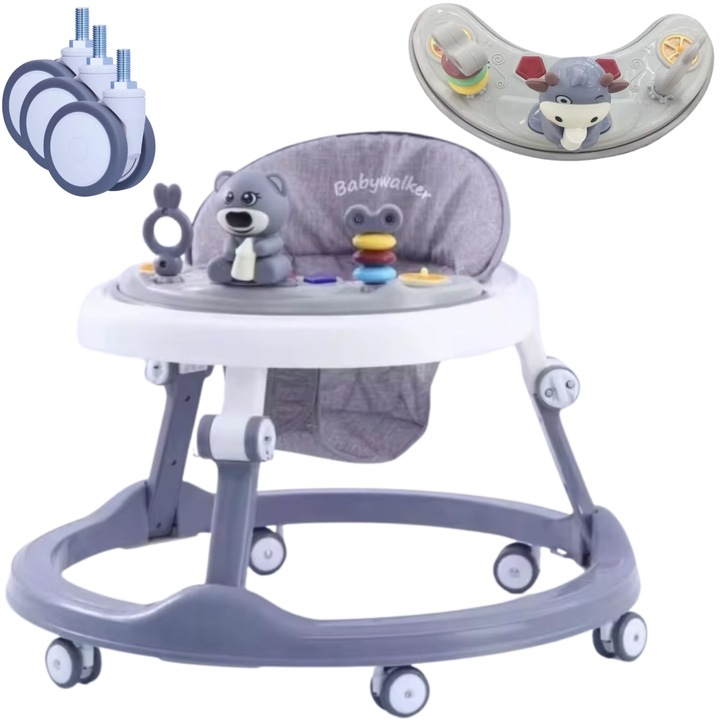 Проходилка CUSTITO Music Console, тихи колелца, регулируеми, за бебета на възраст между 6-36 месеца, сгъваема, дишаща материя, 3x резервни колелца и 3x играчки, включени, син/сив