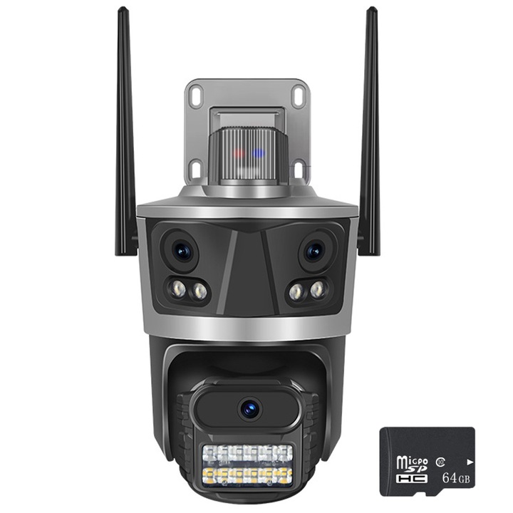 Camera de supraveghere, IP WIFI, 8MP, 2 camere fixe si 1 rotativa, card 64GB, Ultra HD 4K, auto tracking, conectare telefon via bluetooth, 2 antene, audio bidirectional, vedere color nocturna, alarma vizuala, auditiva, pe telefon, de exterior, OptimStar®
