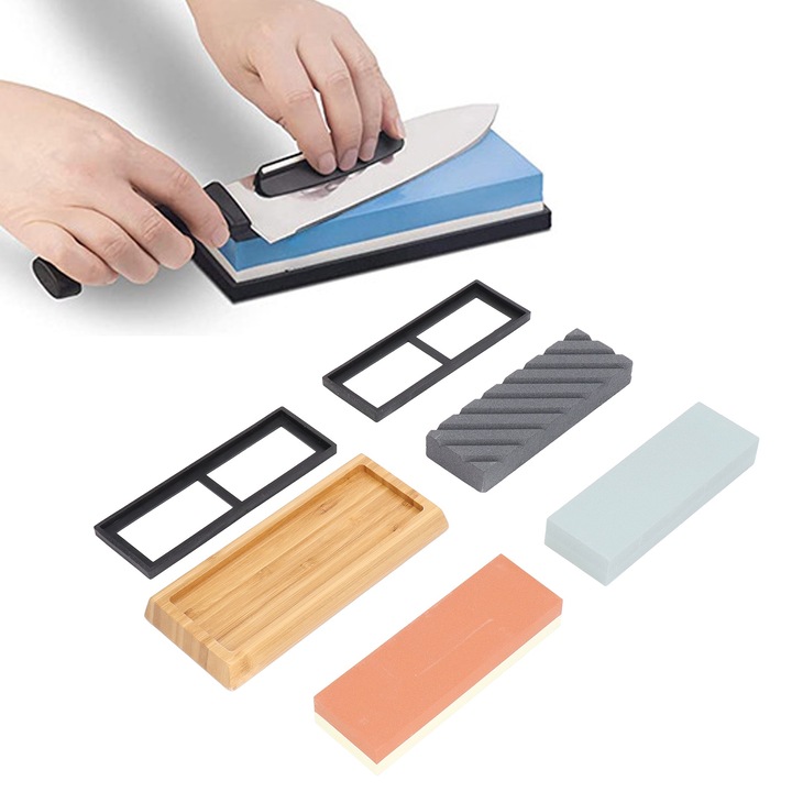 Set ascutitoare cutite Jormftte, 2 piatra de ascutit, 400/1000 si 3000/8000, baza din bambus, dimensiuni variate