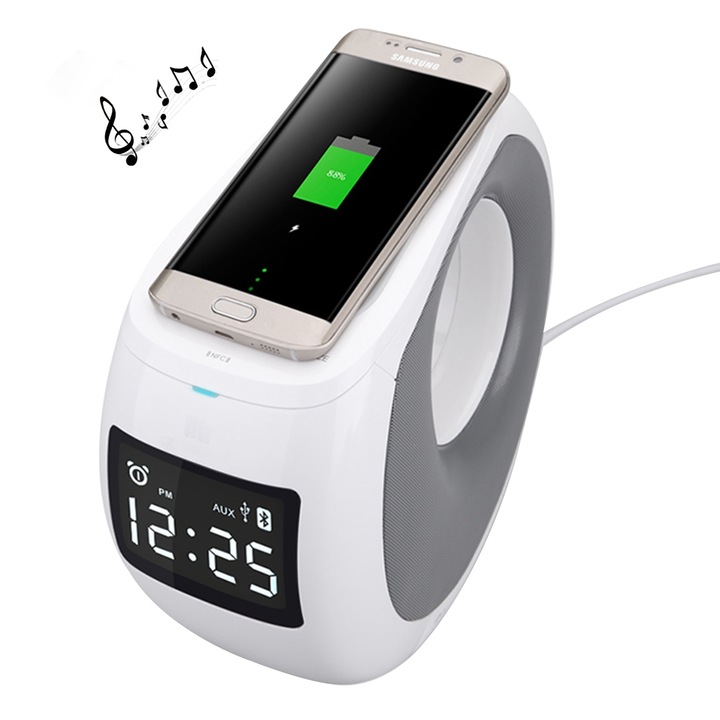 Boxa Portabila Wireless, Bluetooth, cu incarcator pentru telefon, alarma si radio, alb