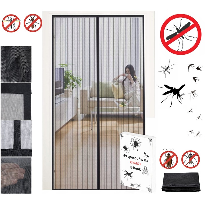 Магнитен комарник, CARDSPLITTER, 100x210см, за врати, защита от насекоми, черен цвят