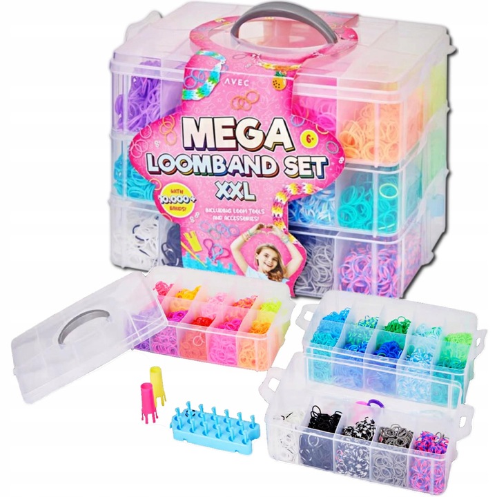 Set XXL de benzi de cauciuc pentru bratari, CARDSPLITTER, 10.000 de elemente, 24 culori, 25x16.5x18.5cm