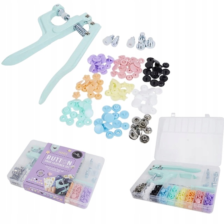 Set de unelte pentru realizarea nasturilor, CARDSPLITTER, 140 elemente, cu clesti din aluminiu, plastic si metal.