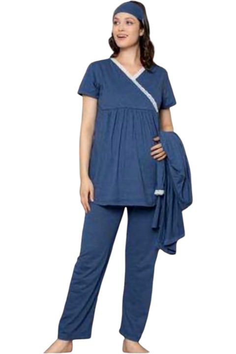 Pijama gravide, set 4 piese, pentru maternitate/alaptat, Albastru royal