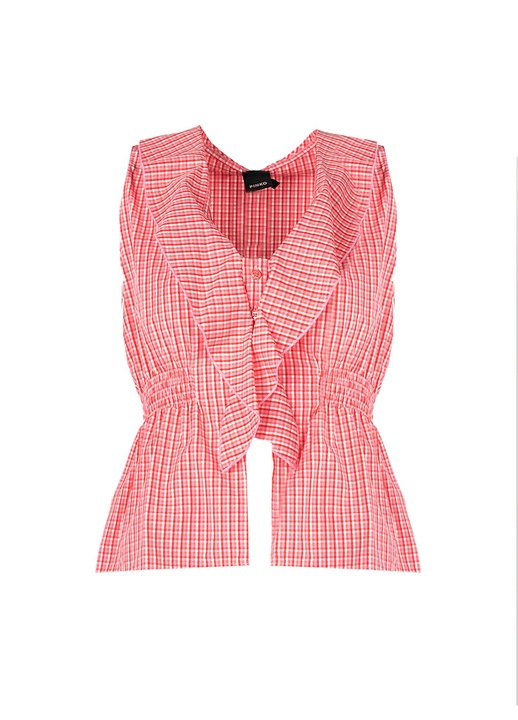 Tricou fara maneci dama Pinko, bumbac, decolteu in V, carouri, rosu/alb, 32 EU
