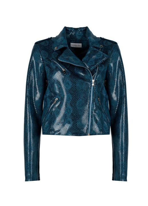 Jacheta dama, Patrizia Pepe, Poliester, design simplu, motiv animal, fermoar bidirectional, guler, buzunare frontale, strasuri aurii, 38 EU