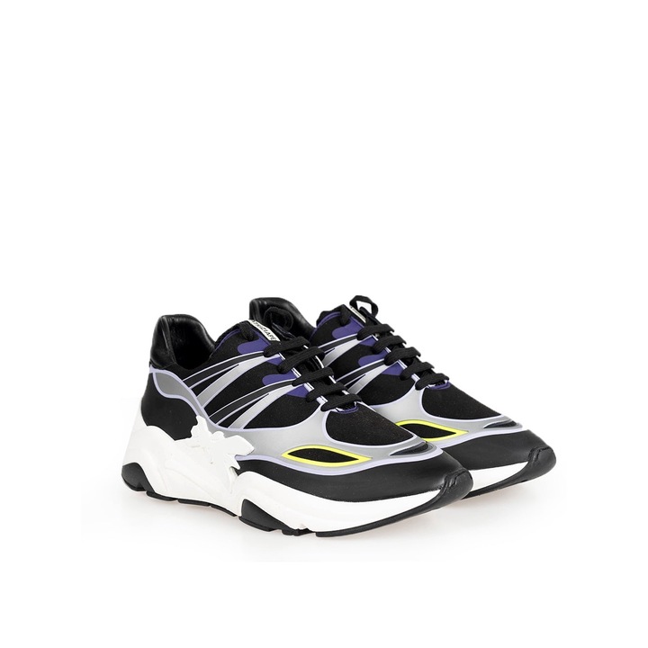 Tenisi dama Patrizia Pepe, negru-alb, piele naturala, set cu aplicatie de marca, 35 EU