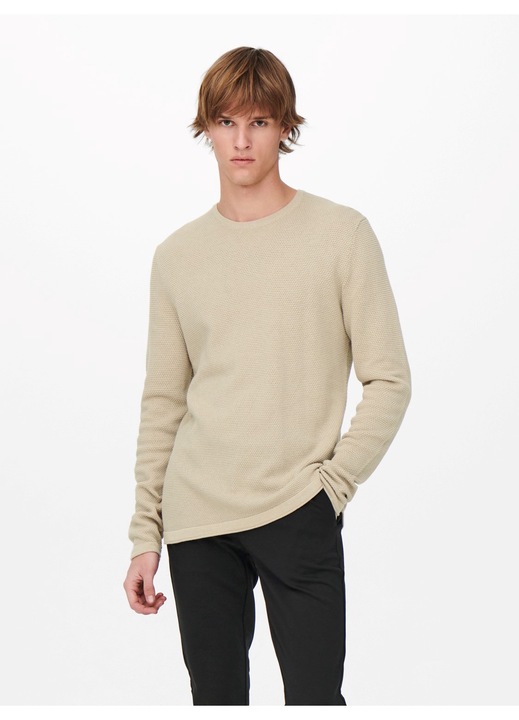 Férfi pulóver, Only & Sons, kötött, normál szabású, bézs, pamut