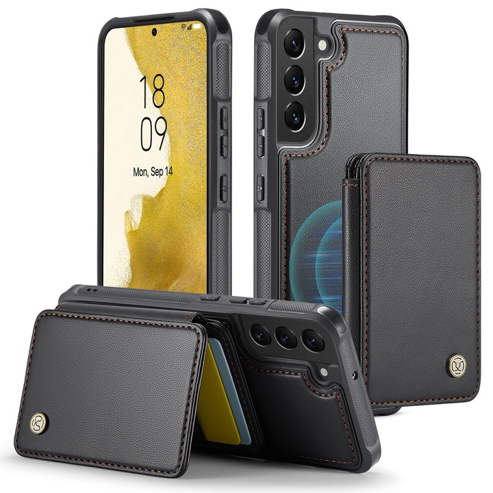 Samsung Galaxy S22 készülékkel kompatibilis tok CaseMe, puha textúrájú bőr, puha tapadással, hátlapi borítás, levehető mágneses mini pénztárca, kártyafoglalat, állvány funkció, RFID védelem, Fekete