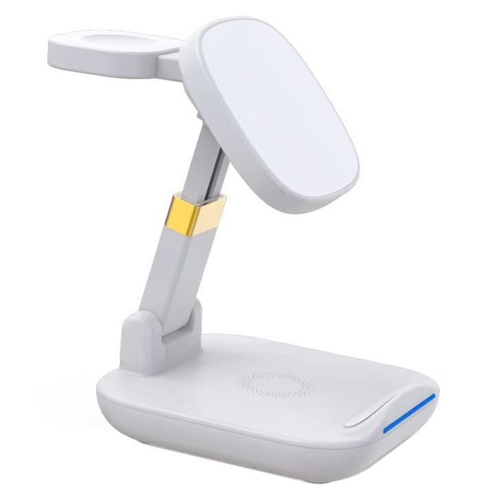 Suport Incarcare Wireless 3 in 1, Model T9 G-A27, Compatibil MagSafe, Extensibil si Reglabil, Magnetic, Putere 18W, Alb