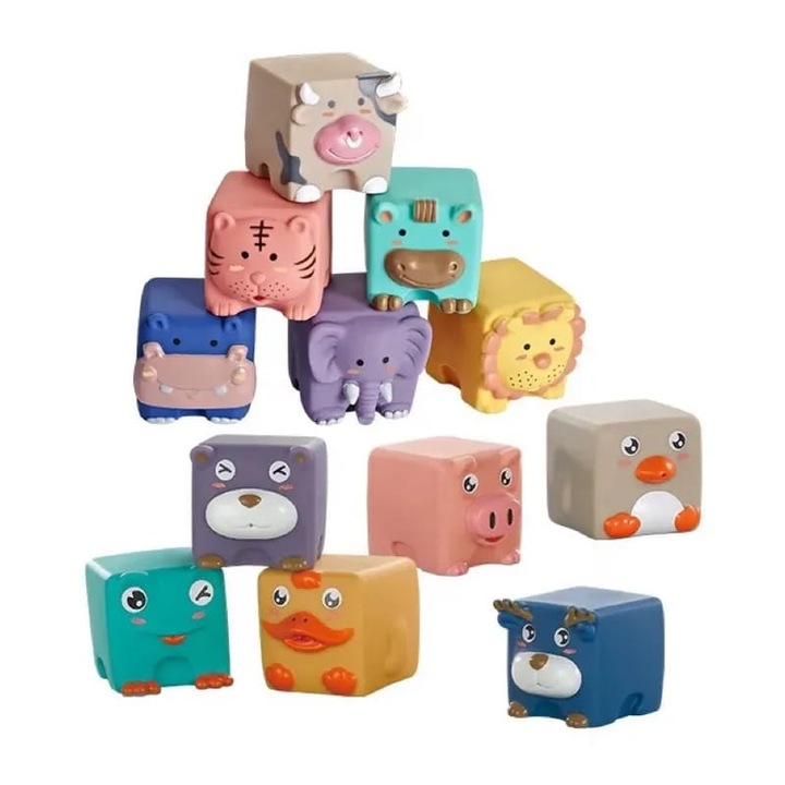 Образователни кубчета Habarri, меки, комплект от 12, животни, многоцветни, 5,5x6x5 см
