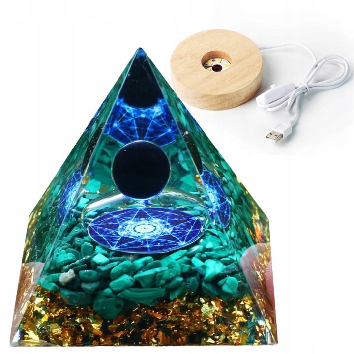 Piramida Orgonite cu LED HX19, 5x5cm, cristale si minerale, multicolor