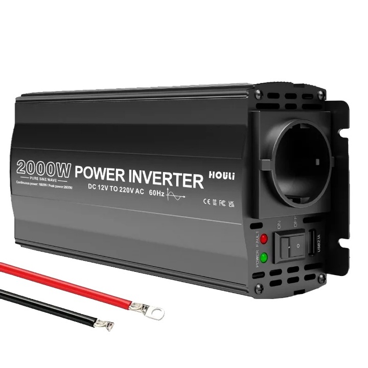 Autóinverter 2000W, 12V-220V, 50Hz, folyamatos teljesítmény 1000W, CE, FCC, RoHS, KC minősítés