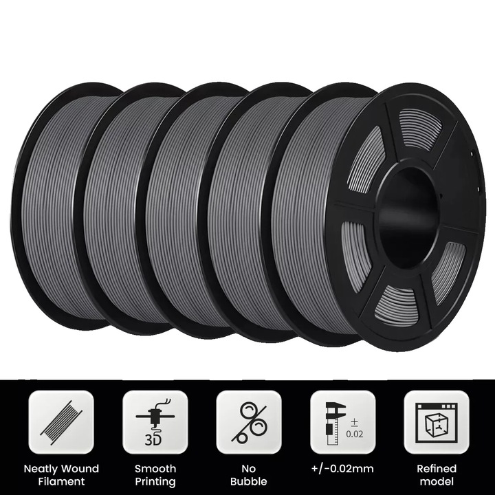 Filament PLA Mat, 1.75mm, 1kg, Gri Mat, Set 5 Role