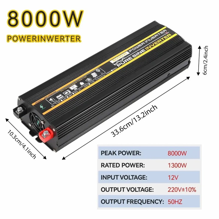 Invertor cu unda sinusoidala pura, intrare 12 V, putere maxima 8000 W, putere nominala 1300 W, 8000 W 12 V-220 V