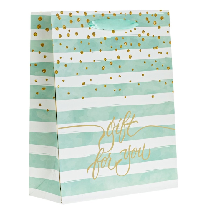 Sacosa cadou alba cu dungi verzi menta folie aurie "gift for you" 20x8x25cm