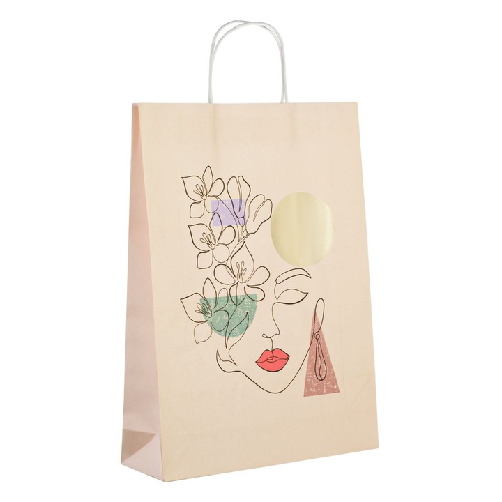 Sacosa cadou kraft somon cu model abstract fata cu folie 33x10x45cm