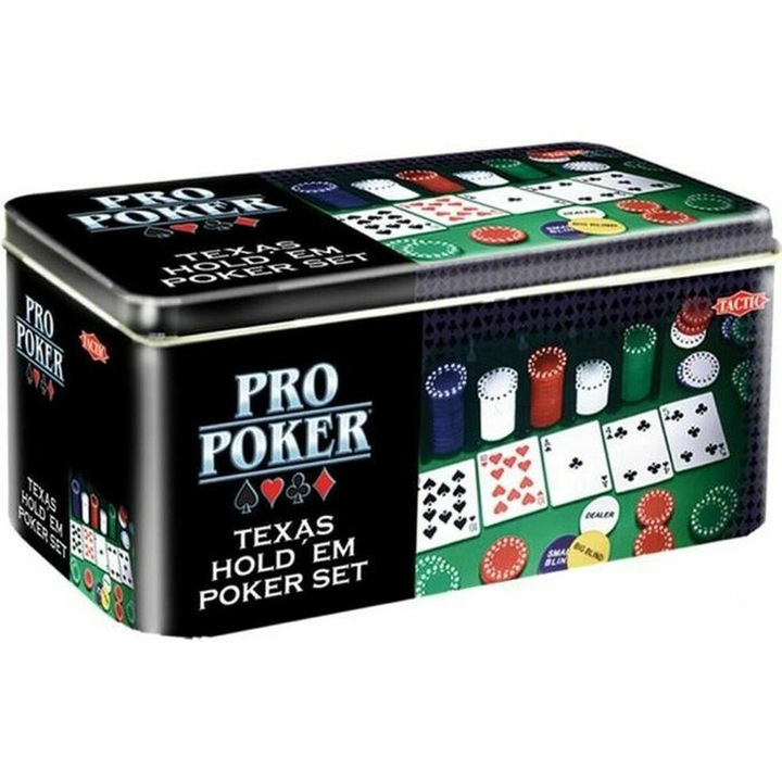 Set de poker Tactic O3095, 55 carti, 5 zaruri, cutie metalica, pentru 2+ jucatori, 11 ani+