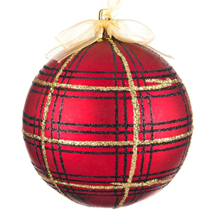 Ornament Brad de Craciun Shopiens® din plastic, Glob Carouri Mat Rosu, 8 cm