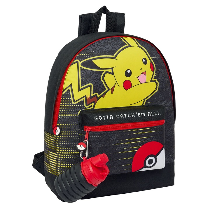 Ghiozdan si sticla de apa, Pokemon, 32x40x12cm, cu compartiment principal si buzunar frontal cu fermoar, negru/galben, poliester