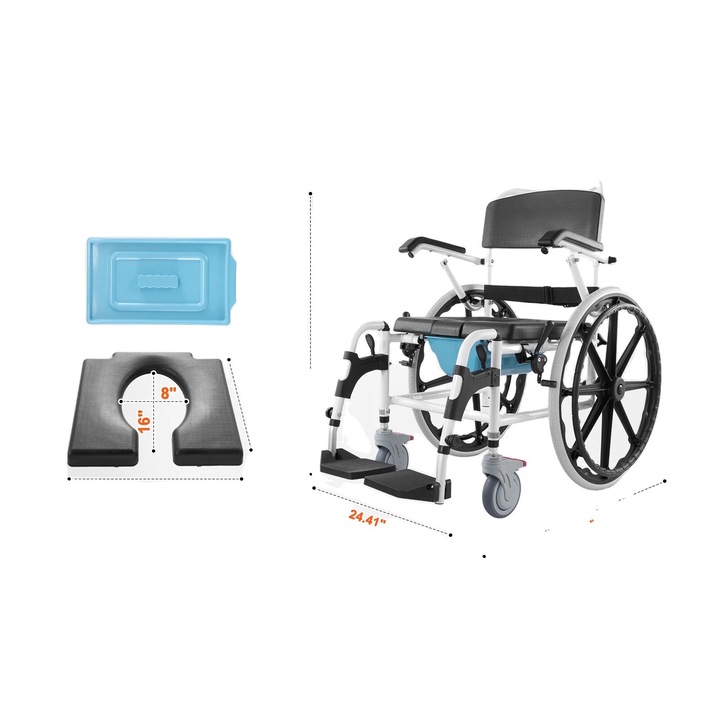 Инвалидна количка с душ, товароподемност 300 lbs, регулируем подлакътник, 17,5 инча, 39,96 x 24,41 x 36,22 инча