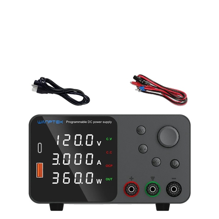 Sursa de alimentare DC, Wanptek, tensiune de iesire 30V/60V/120V, curent ajustabil pana la 10A, 120V, 3A
