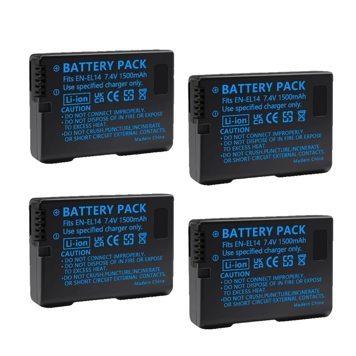 Set 4 acumulatori EN-EL14, 1500mAh, 7.4V, compatibili cu camere Nikon