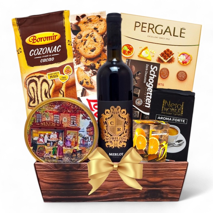 Cos Cadou cu Bunatati, CADOURI RAFINATE, model Perfect Surprise, cu Vin Rosu, Fursecuri Daneze in Cutie Metalica de Colectie, Cafea Italiana, Cozonac Boromir, Praline din ciocolata, Lumanare Parfumata si Alte Surprize pentru Ocazii Festive, 9 Articole