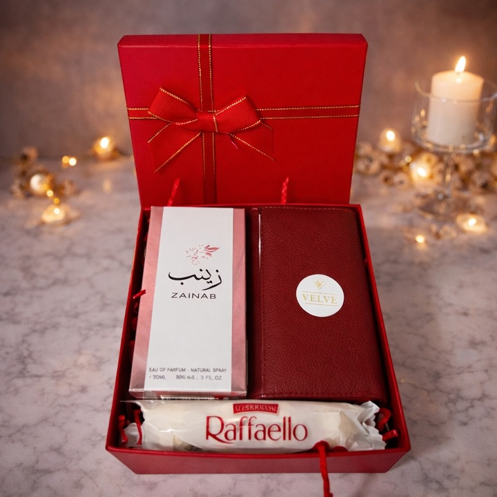 Pachet Epso pentru femei, cu parfum arabesc, Raffaello si portofel, in cutie eleganta, Bordo, Velve