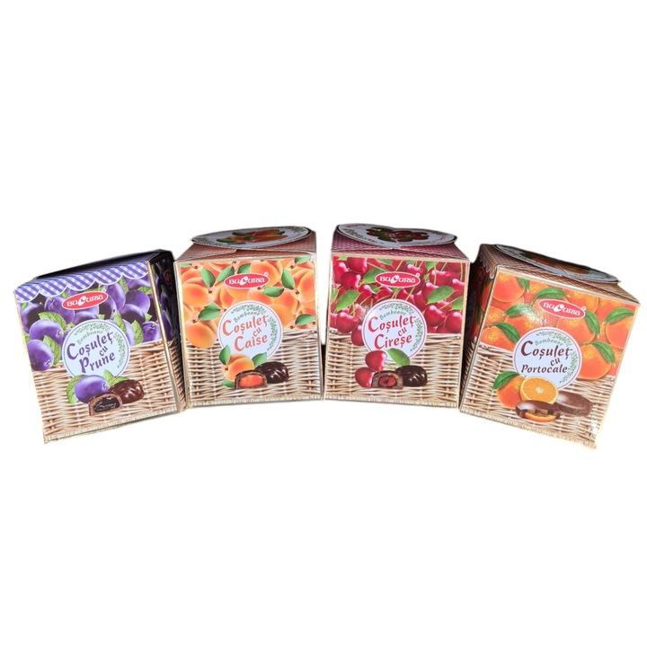 Cosulete cu fructe uscate trase in ciocolata, cirese, caise, prune si felii de portocala, 200g/cutie, 4 buc