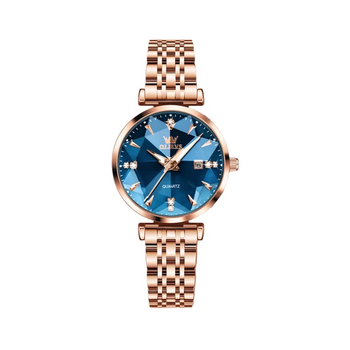 Ceas de dama Delis, Olevs CS1646, otel inoxidabil, rose gold, cadran albastru