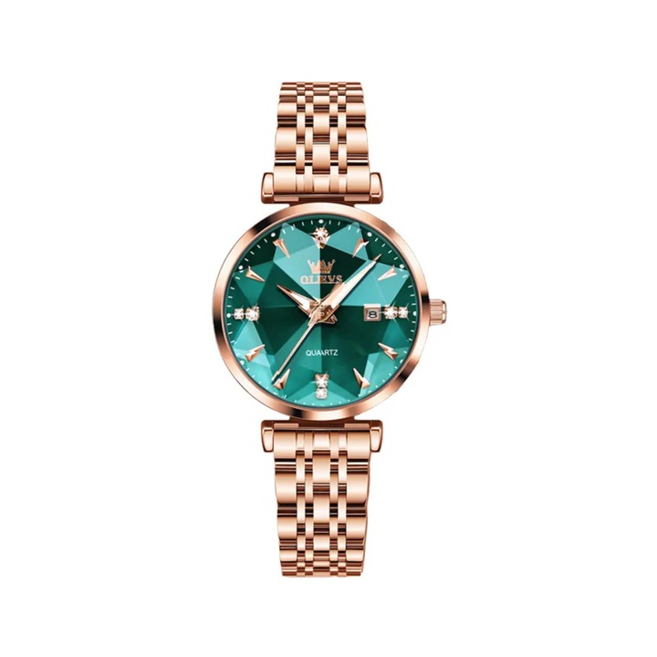 Ceas de dama Delis, Olevs CS1647, otel inoxidabil, rose gold, cadran verde