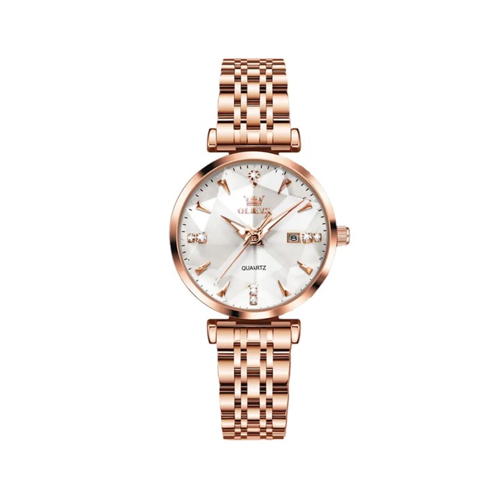 Ceas de dama Delis, Olevs CS1648, otel inoxidabil, rose gold, cadran alb