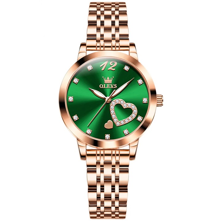 Ceas de dama Delis, Olevs CS1689, otel inoxidabil, rose gold, cadran verde