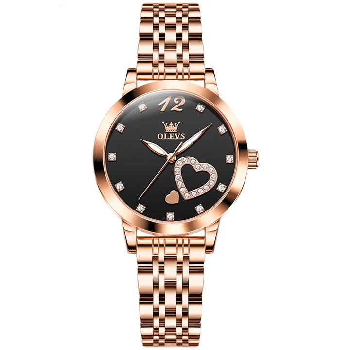 Ceas de dama Delis, Olevs CS1692, otel inoxidabil, rose gold, cadran negru