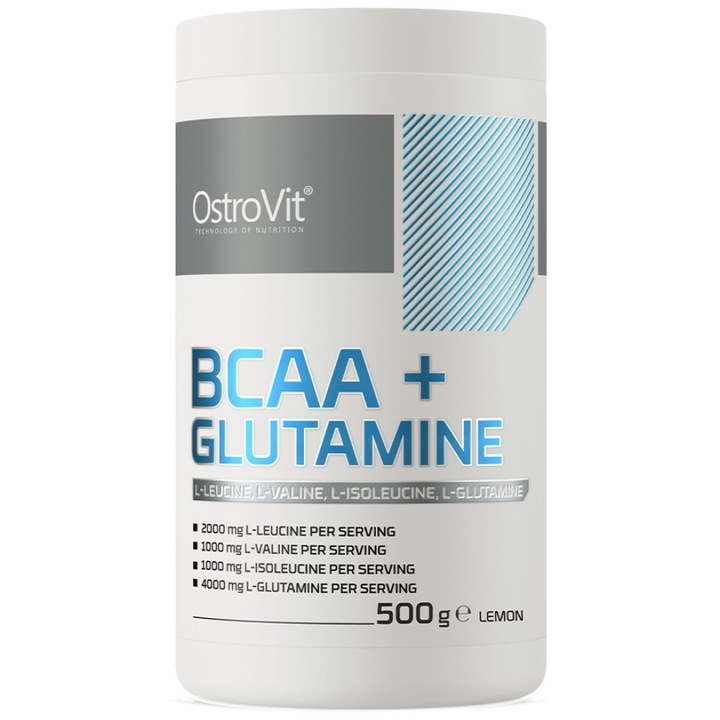 Хранителна добавка OstroVit BCAA plus GLUTAMINE Powder, Лимон, 500 грама