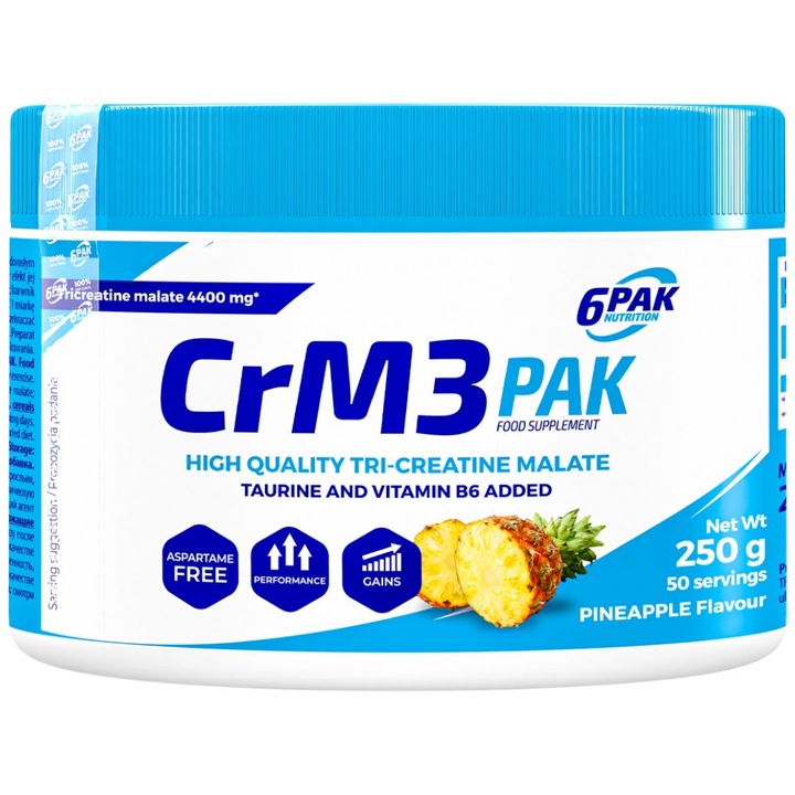 Хранителна добавка 6PAK Nutrition CrM3 PAK (Tri-Creatine Malate plus Taurine), Ананас, 250 грама