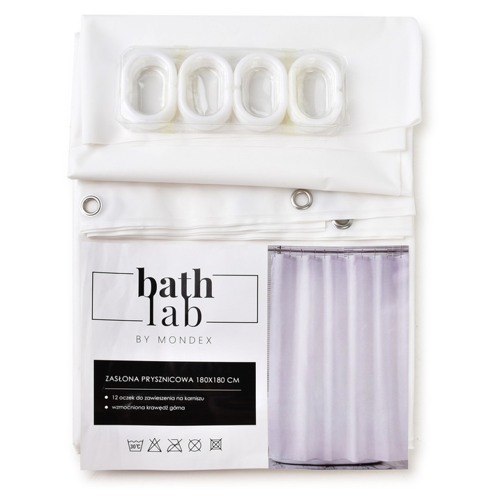 Perdea de dus Bathlab, Poliester, 180x180 cm, Alb