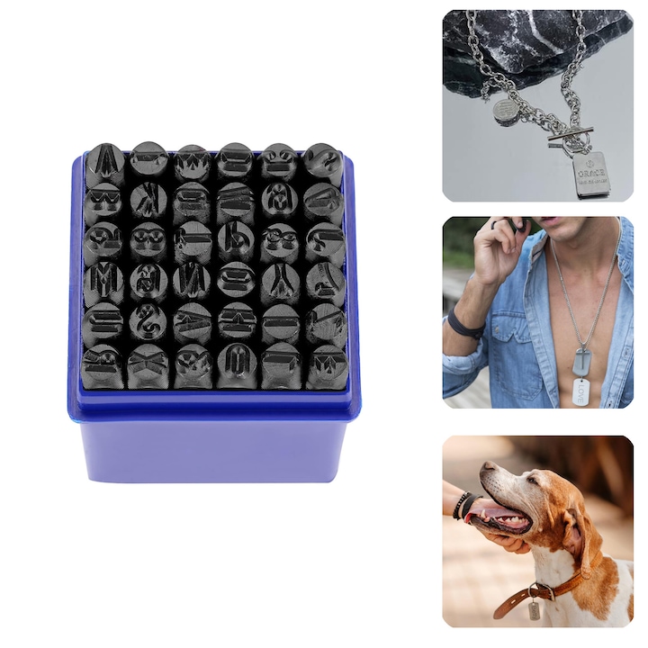 Set 36 Stampile Litere si Numere, SINBINTA, Cutie de depozitare inclusa, Design DIY, Durabil si robust, Rezistent la uzura, Pentru inele, bratari, coliere, Otel carbon, 3mm, Negru