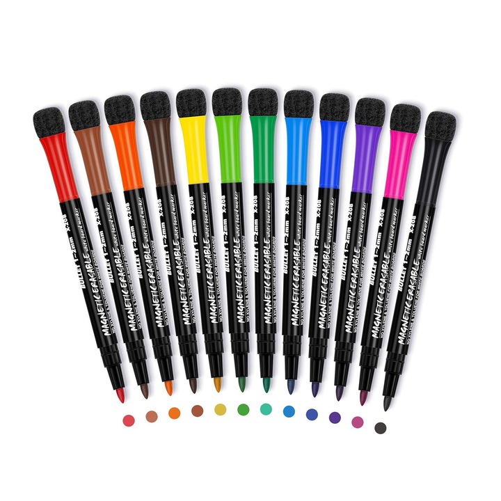 Set 12 markere tabla magnetica, SINBINTA, Design magnetic, Stergator incorporat, Linii precise de 1-2 mm, Usor de indepartat si curatat, Pentru scoli, birouri, panouri de mesaje acasa, Plastic, 14.2x1.6cm, Multicolor