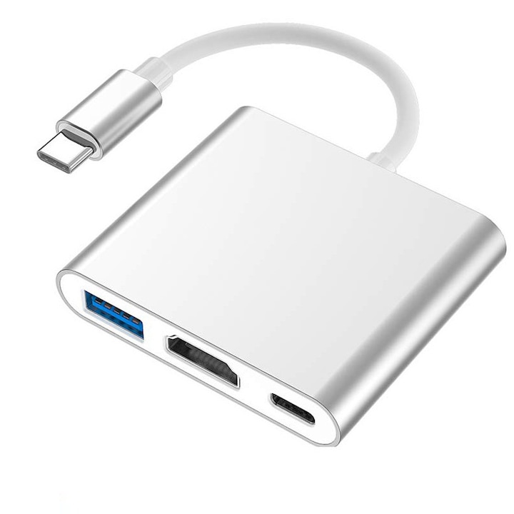 Адаптер тип C 3в1, HDMI, USB 3.0 и тип C PD, сребрист