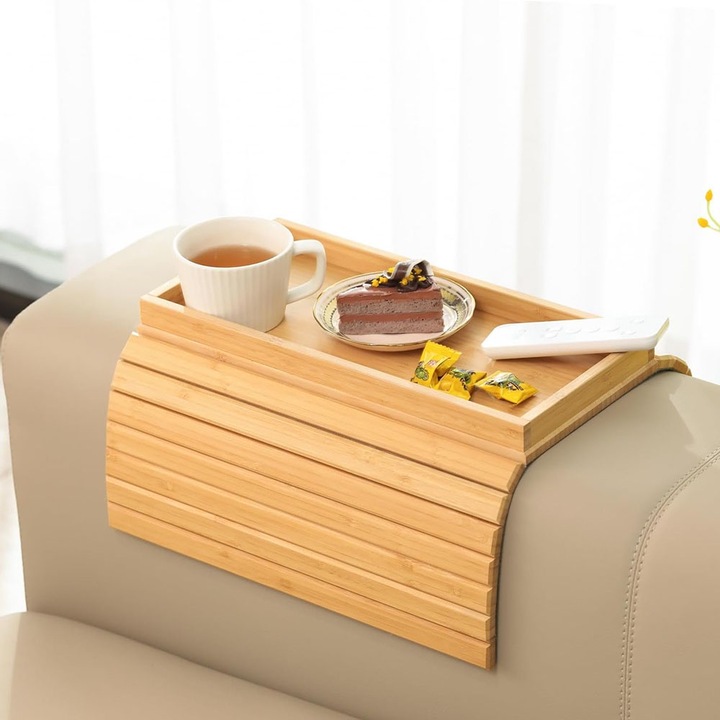 Tava de servire pentru cotiera canapea, ZJZ, Lemn de bambus, Multifunctional, Pliabil, 45.7x33.5 cm