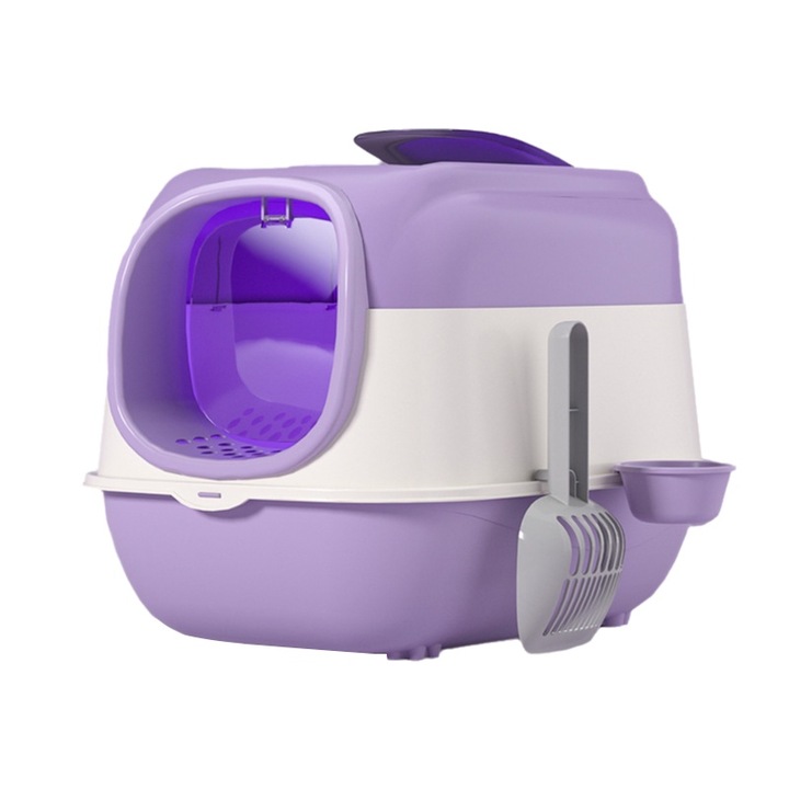 CAMEANE™ Котешка тоалетна с капак, функция за стерилизация с UV светлина, за котки до 15 кг, 51x38x38 см, лилаво бяла