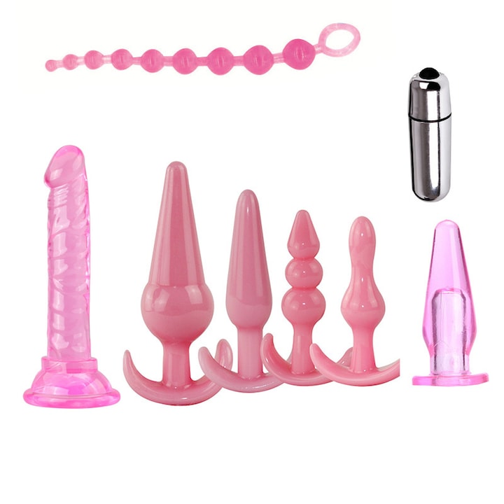 Plug anal din silicon in opt bucati, Fudisenn, set de antrenor cu Dildo, margele de tragere, oua saltarete, masor de prostata, jucarii erotice pentru cupluri, roz